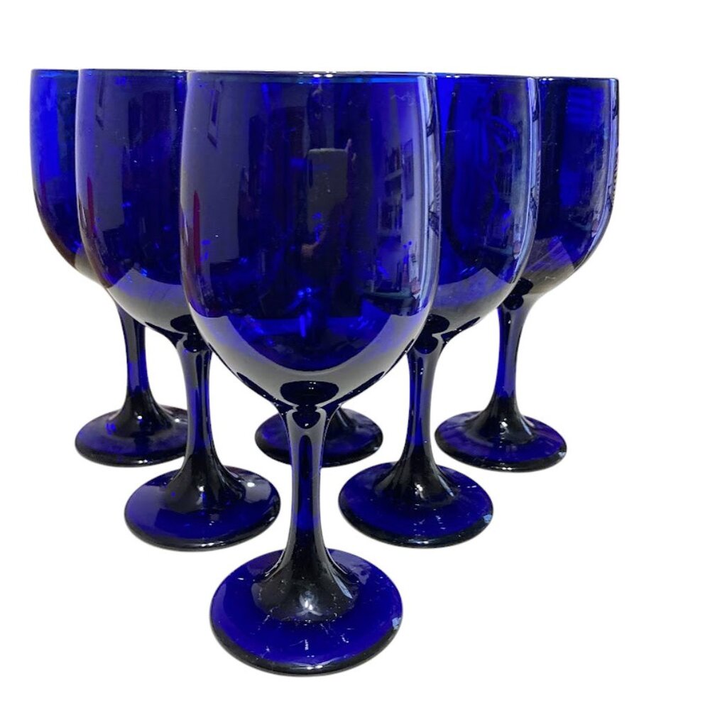 Vintage Set of 6 Stemmed Cobalt Blue Wine Glasses 7"